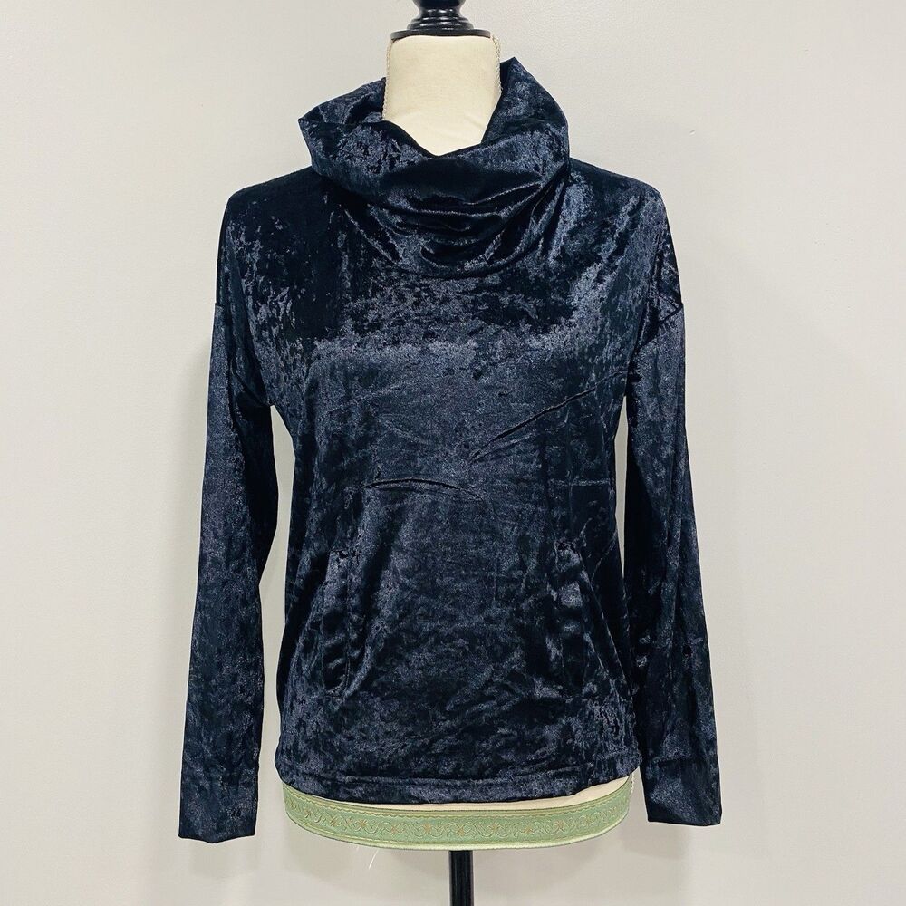 VTG Y2K M Dark Navy Crushed Velvet Cowlneck Pullover Whimsigoth Dark Romance Top